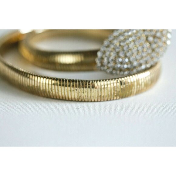 Vintage 80s Disco Gold Tone Slinky Belt with Oval Rhinestone Buckle Skinny Belt - Picture 8 of 8